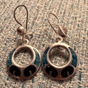 Sterling Silver Turquoise Onyx Crescent Dainty Dangle Earrings